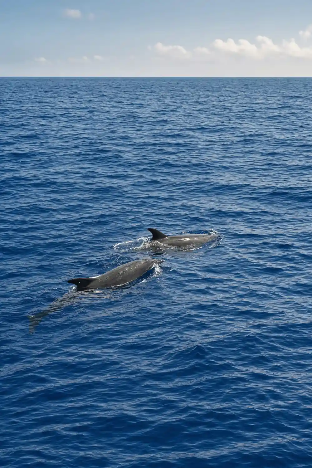 A dolphin surfacing in calm grey water