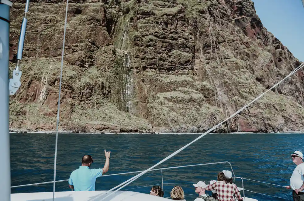 Guests photographing the steep cliff face from the boat