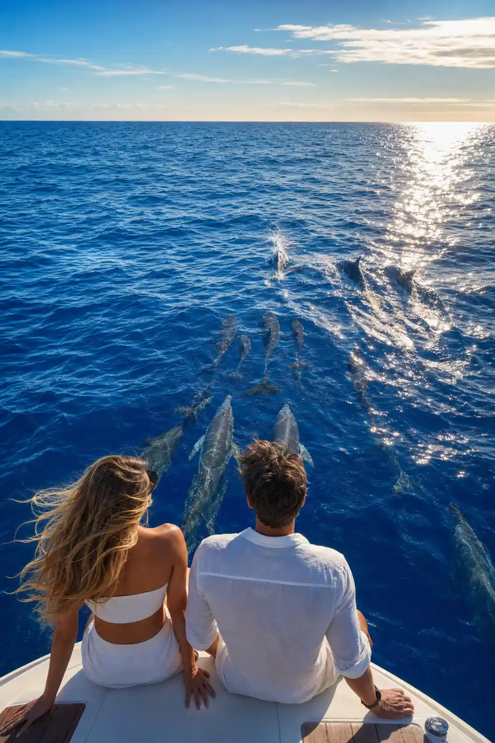 A large pod of dolphins riding the bow wave