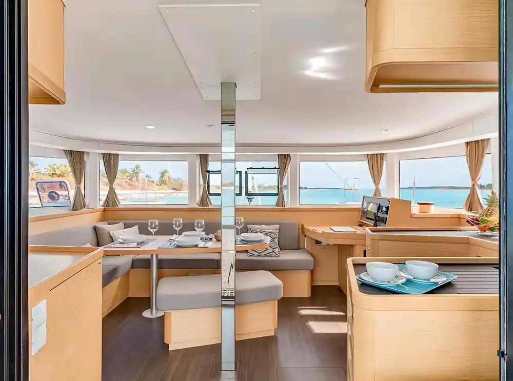 The saloon and galley seen through the cabin doorway